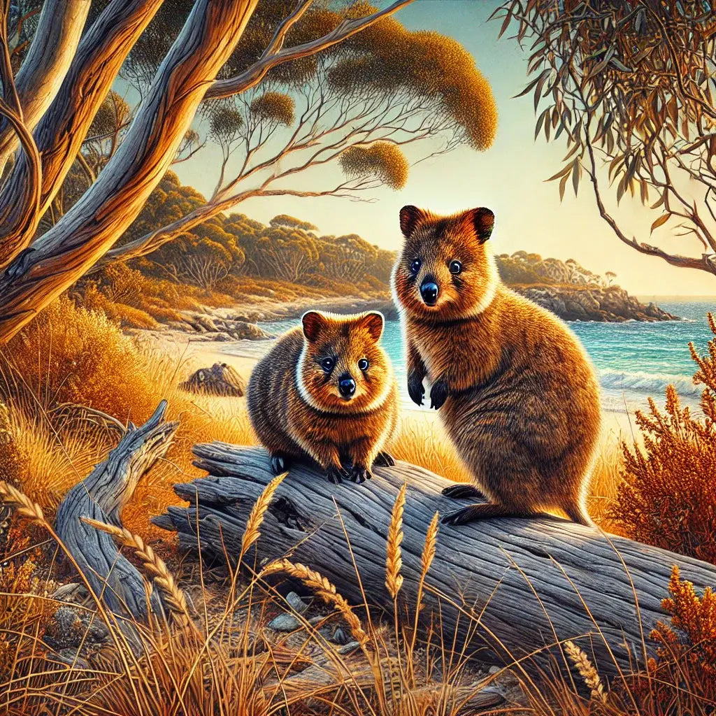 Quokka-Familie unter Bäumen mit Lichtstrahlen im Hintergrund