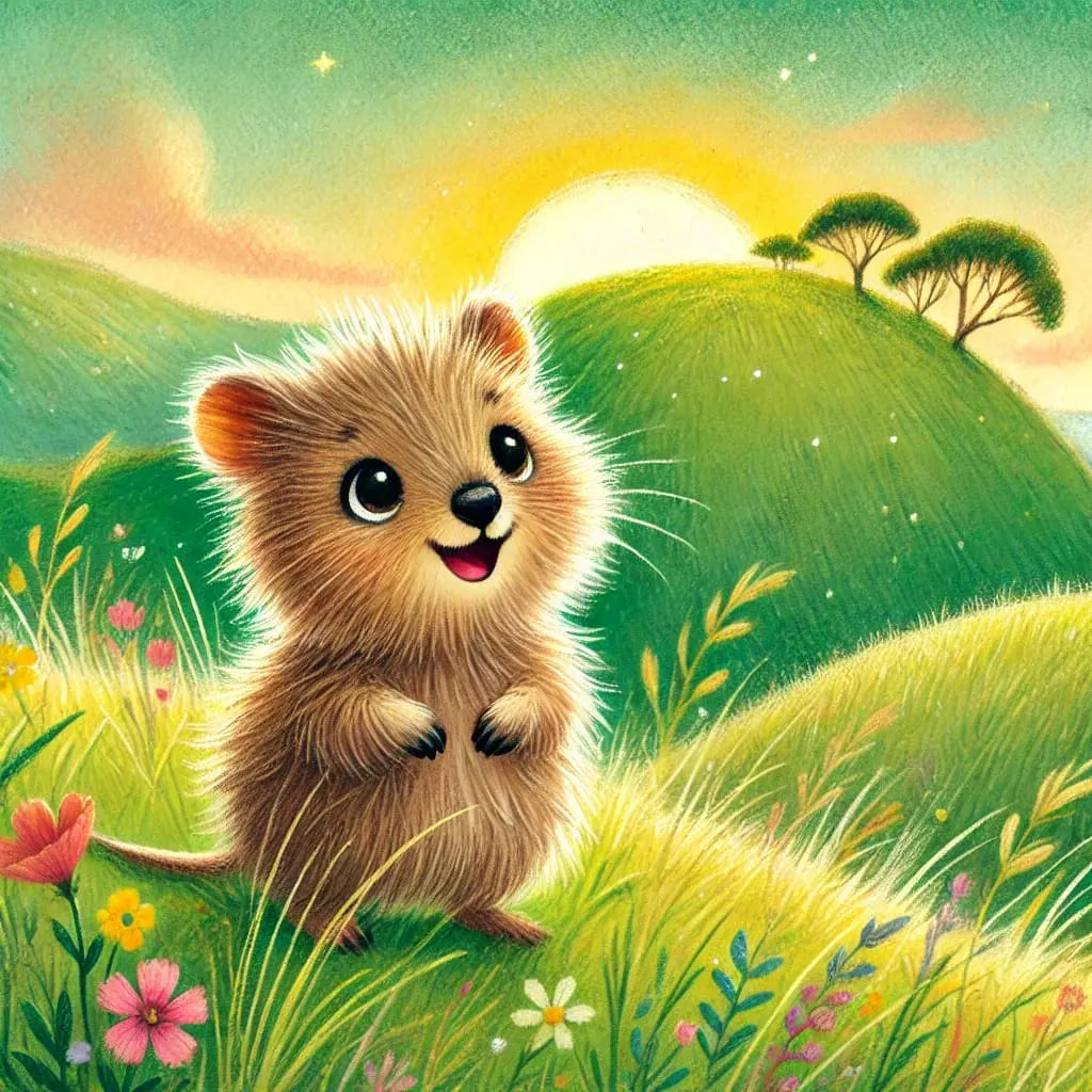 Quokka mit großer Wiese und sanften Hügeln im Sonnenlicht