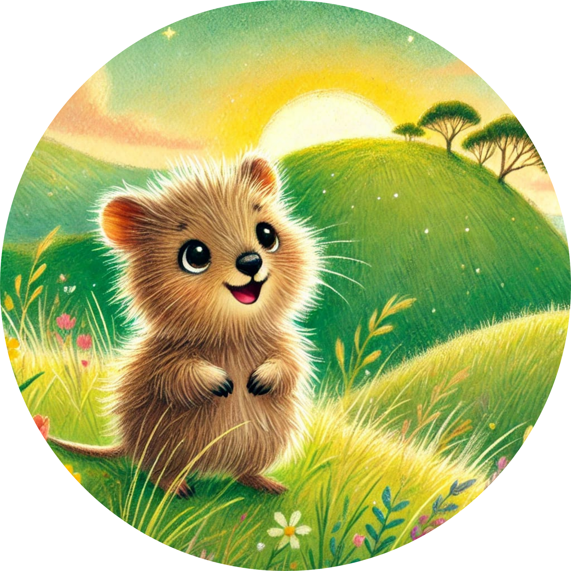 Baby Quokka sitzt auf einer Wiese im Sonnenlicht