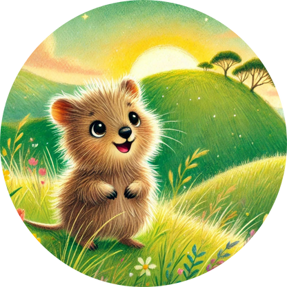 Baby Quokka sitzt auf einer Wiese im Sonnenlicht