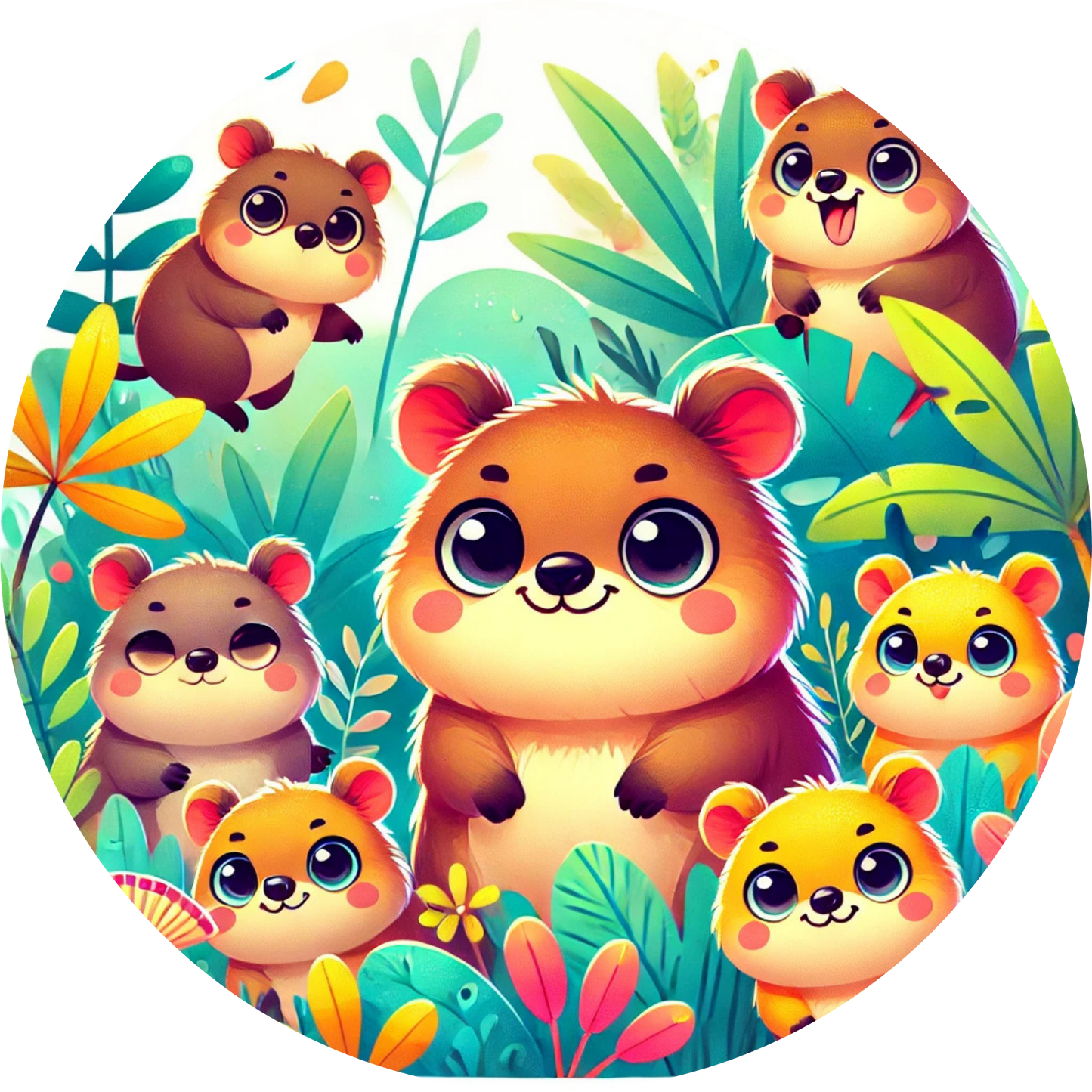 Fröhliche Quokkafamilie in tropischer Natur mit bunten Blumen
