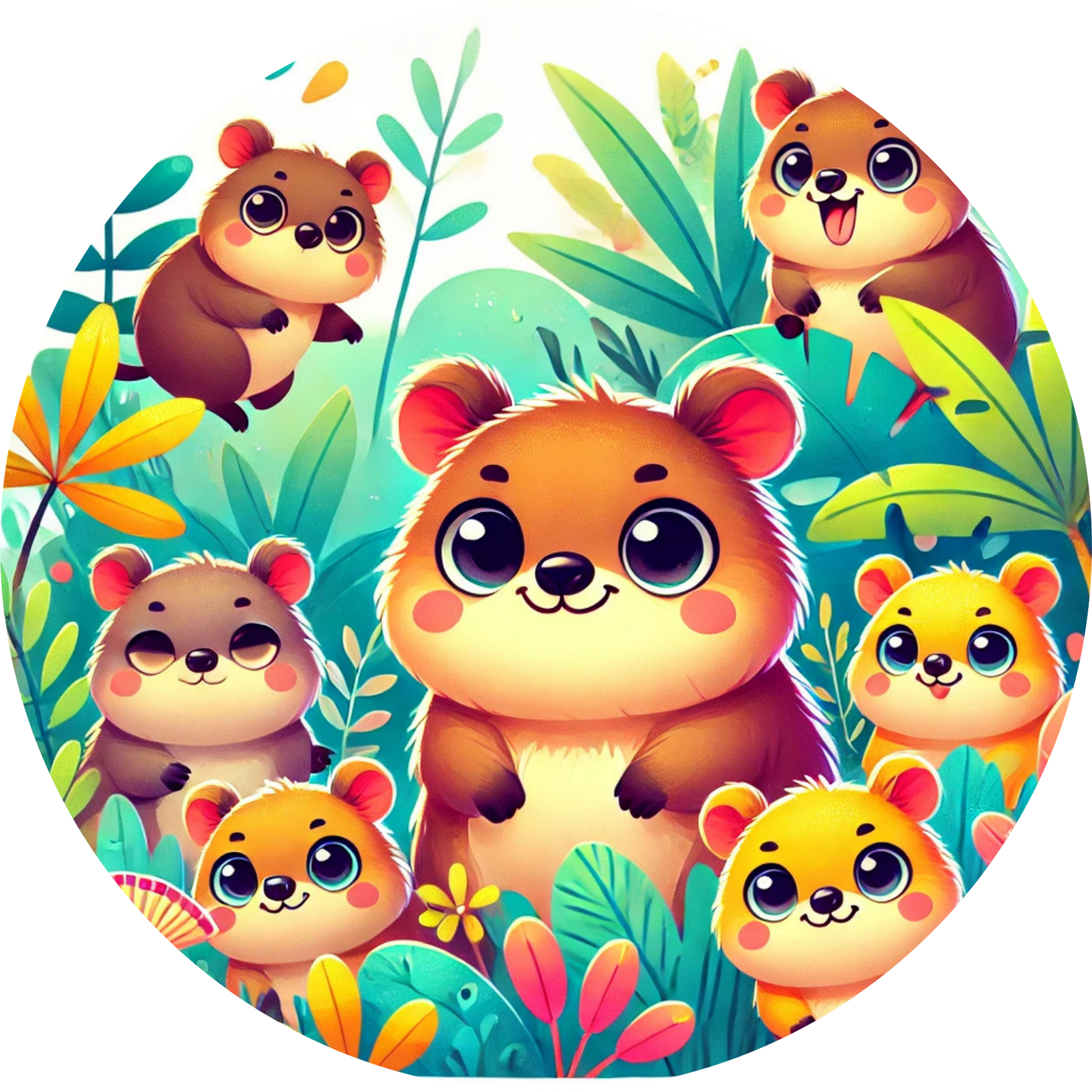 Fröhliche Quokkafamilie in tropischer Natur mit bunten Blumen
