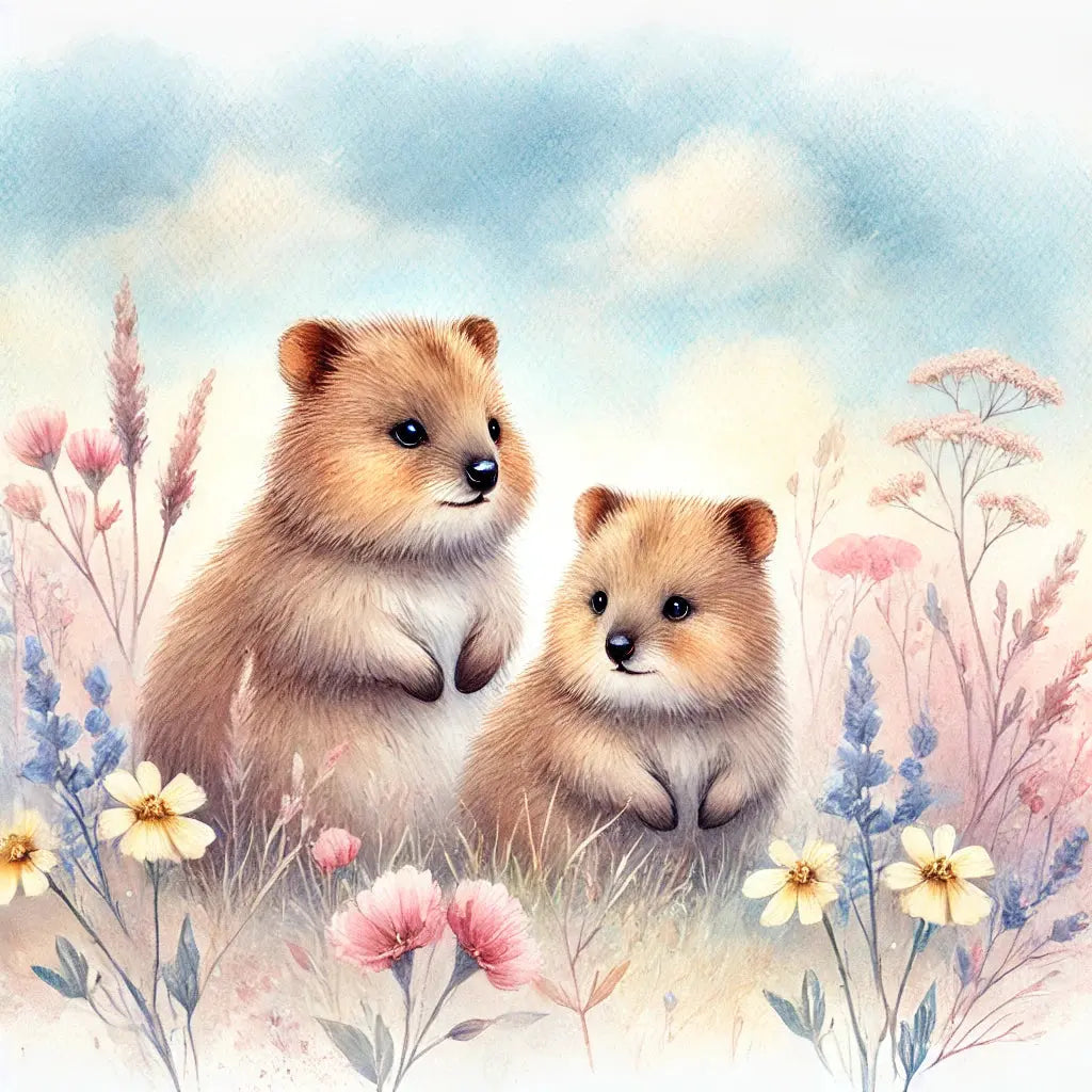 Zwei süße Quokkas auf pastellfarbenem Hintergrund mit Herzen