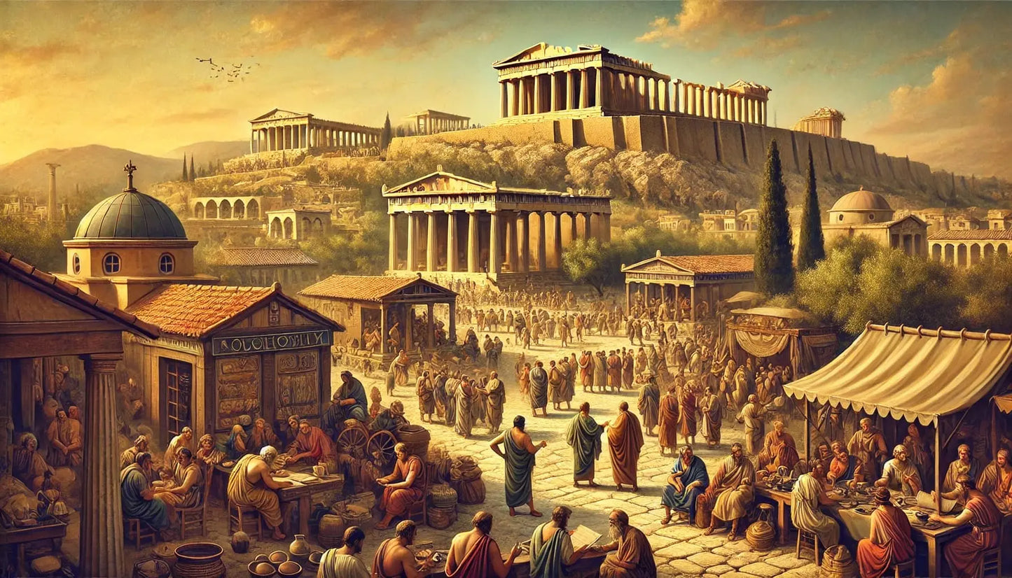 Römisches Forum mit Säulen und Menschenmengen – Alltag im alten Rom.