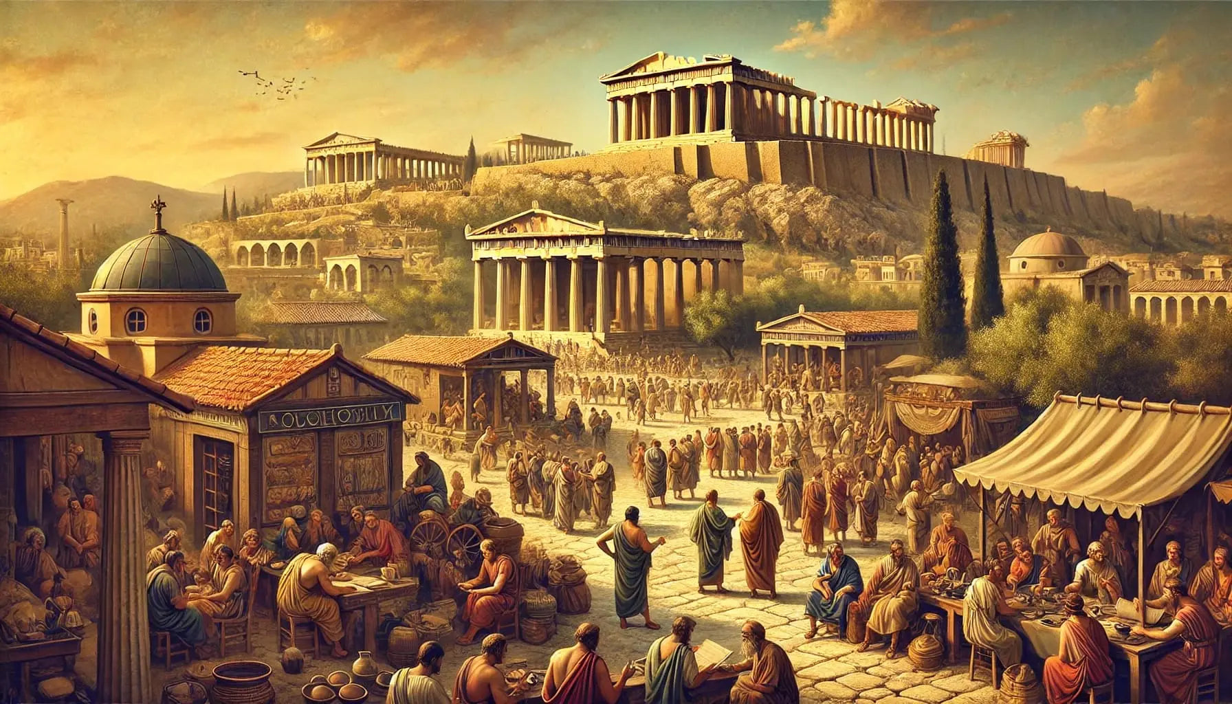 Römisches Forum mit Säulen und Menschenmengen – Alltag im alten Rom.