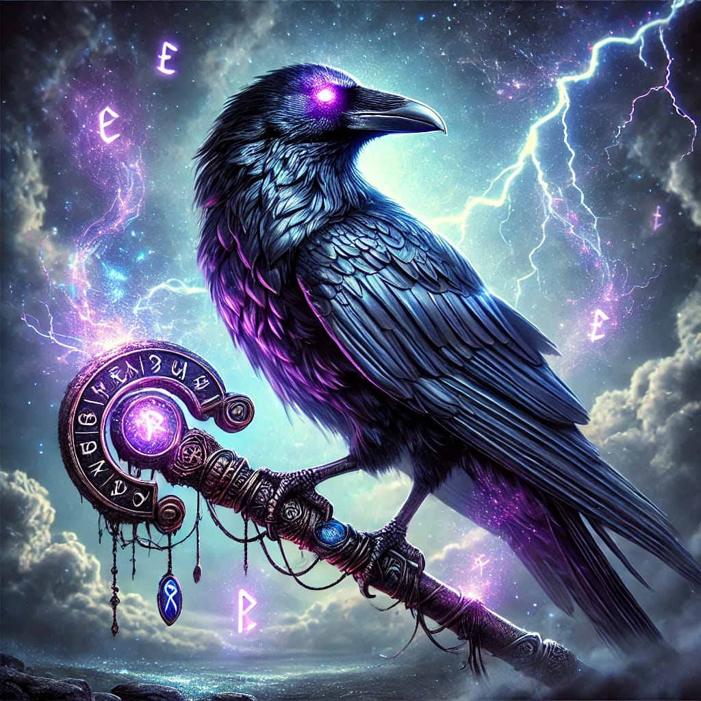 Magischer Rabe mit violetter Aura, umgeben von leuchtenden Runenzeichen.