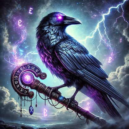 Magischer Rabe mit violetter Aura, umgeben von leuchtenden Runenzeichen.