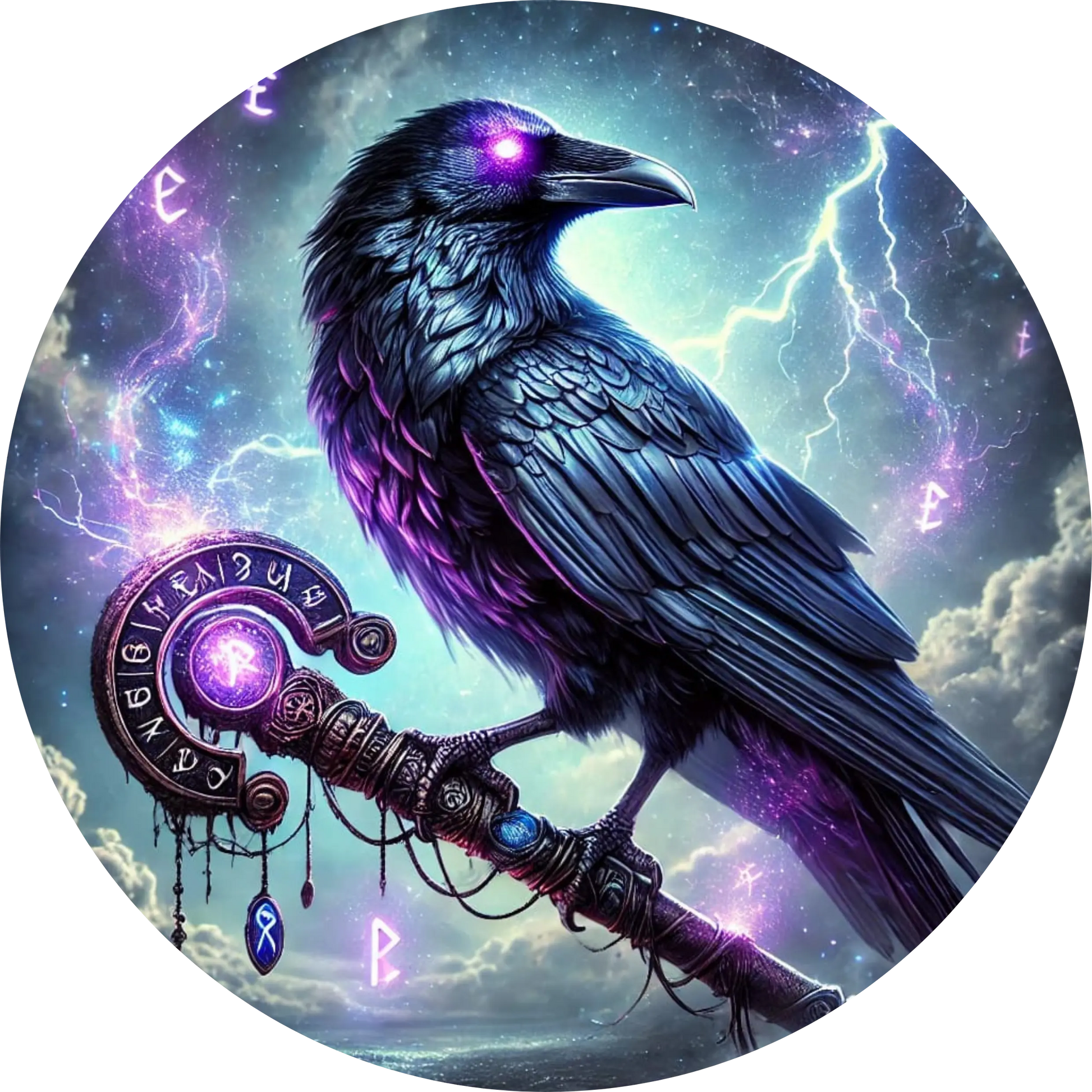 Rabe mit leuchtendem Auge sitzt auf Zauberbuch mit Runen