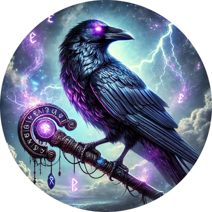 Rabe mit leuchtendem Auge sitzt auf Zauberbuch mit Runen
