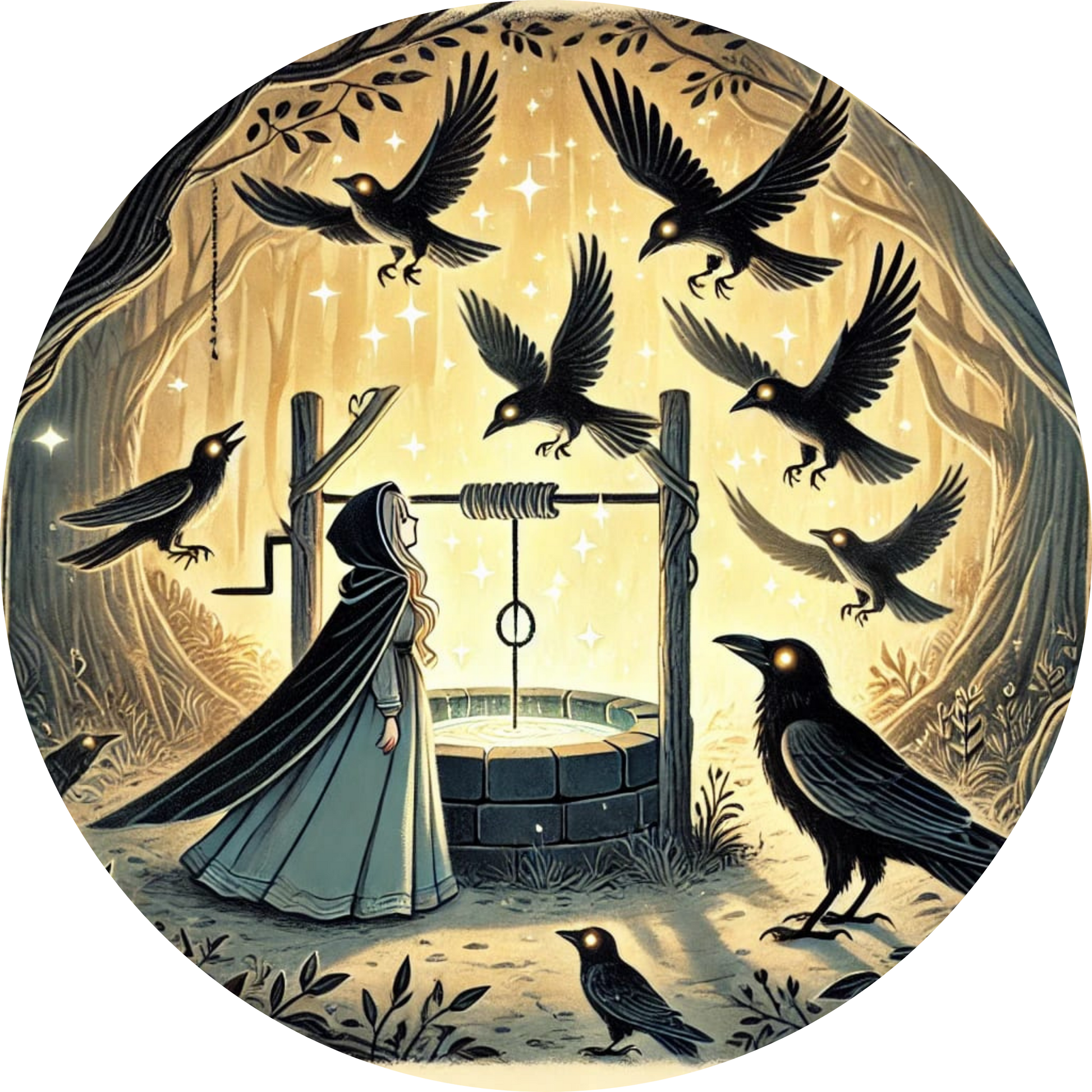 Raben fliegen um eine schwarze Silhouette, Märchenhafte Rache-Szene
