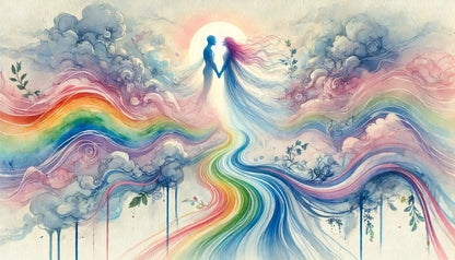 Person auf einem Weg aus Regenbogenfarben durch eine verträumte Landschaft, spirituelle Reise mit queerer Symbolik.