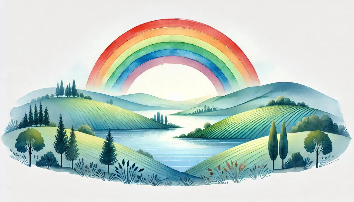Regenbogenlandschaft in Aquarelloptik mit sanften Hügeln und Bäumen, friedvolle Darstellung queerer Naturverbundenheit.