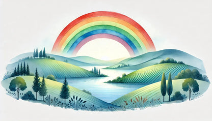 Regenbogenlandschaft in Aquarelloptik mit sanften Hügeln und Bäumen, friedvolle Darstellung queerer Naturverbundenheit.