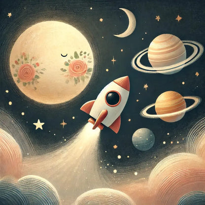 Rakete fliegt durch ein Planetenfeld im Kinderbuchstil, leuchtende Farben.