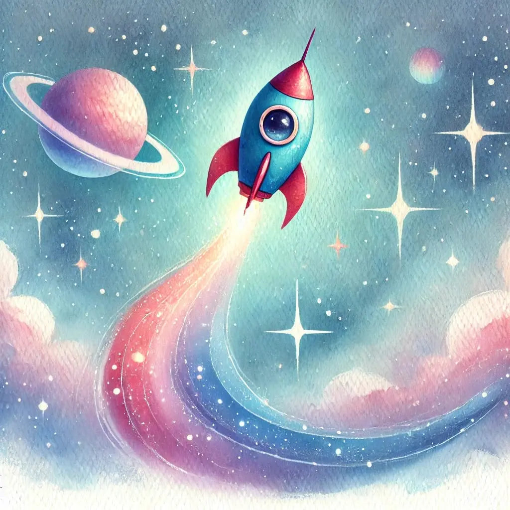 Bunte Rakete mit buntem Schweif im Kinderbuchstil.