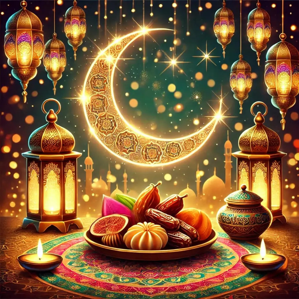 Ramadan mit goldener Tafel & Laternen – Dunkel gehaltene Szene mit gedecktem Tisch, Halbmond und hängenden goldenen Laternen – festlich und atmosphärisch