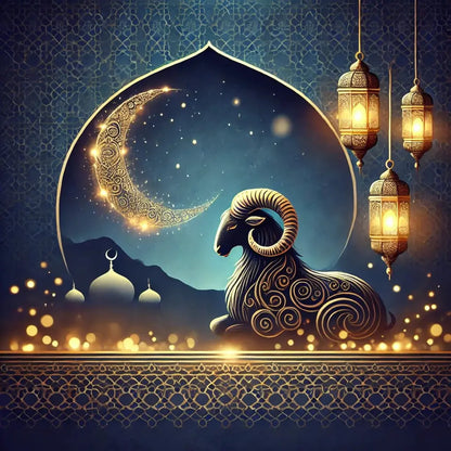 Ramadan bei Nacht mit Moschee-Silhouette – Spirituelle Abendstimmung mit Moschee, Halbmond, Gebetsteppich und funkelnden Sternen