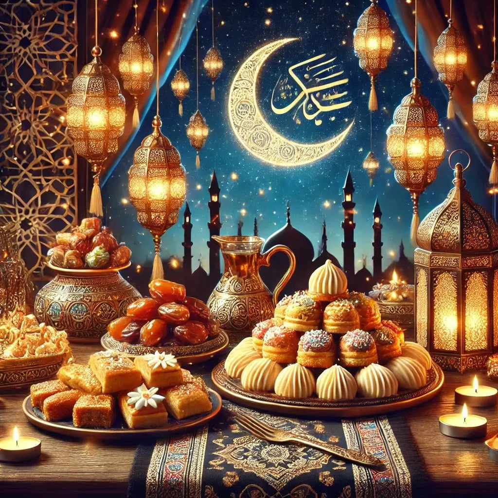 Ramadan-Festmahl bei Laternenlicht – Detailreiche Szene mit orientalischen Süßigkeiten, Tee, Laternen und Kalligrafie in warmem Licht.