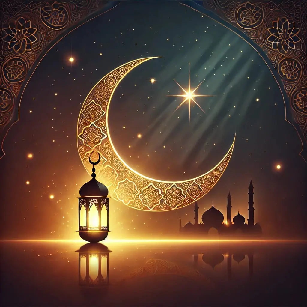Ramadan bei Nacht mit Moschee & Halbmond – Dunkle Nachtstimmung mit Halbmond, Moschee und goldenen Laternen – ideal für islamische Festtage.