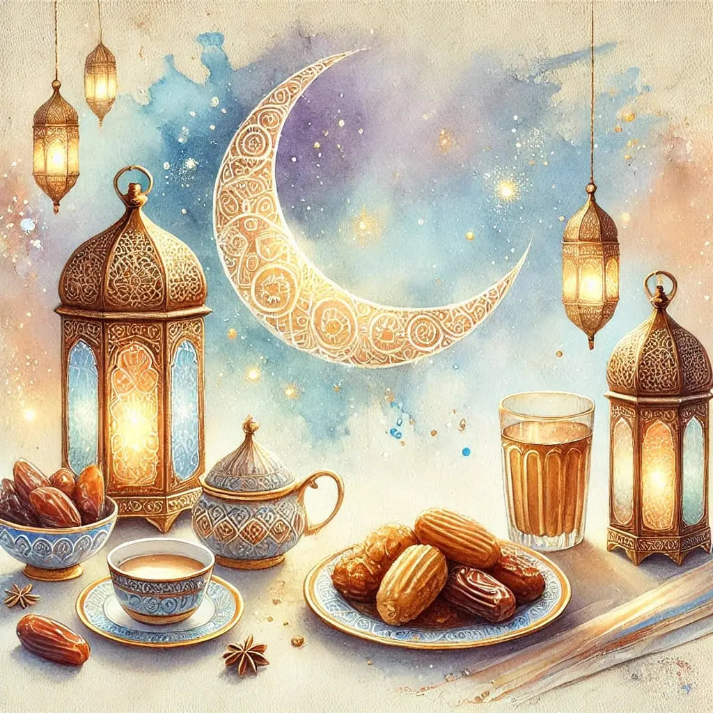 Ramadan mit Laternen, Gebäck & Datteln – Festlicher gedeckter Tisch zum Ramadan mit Laternen, orientalischem Gebäck und goldenen Details.