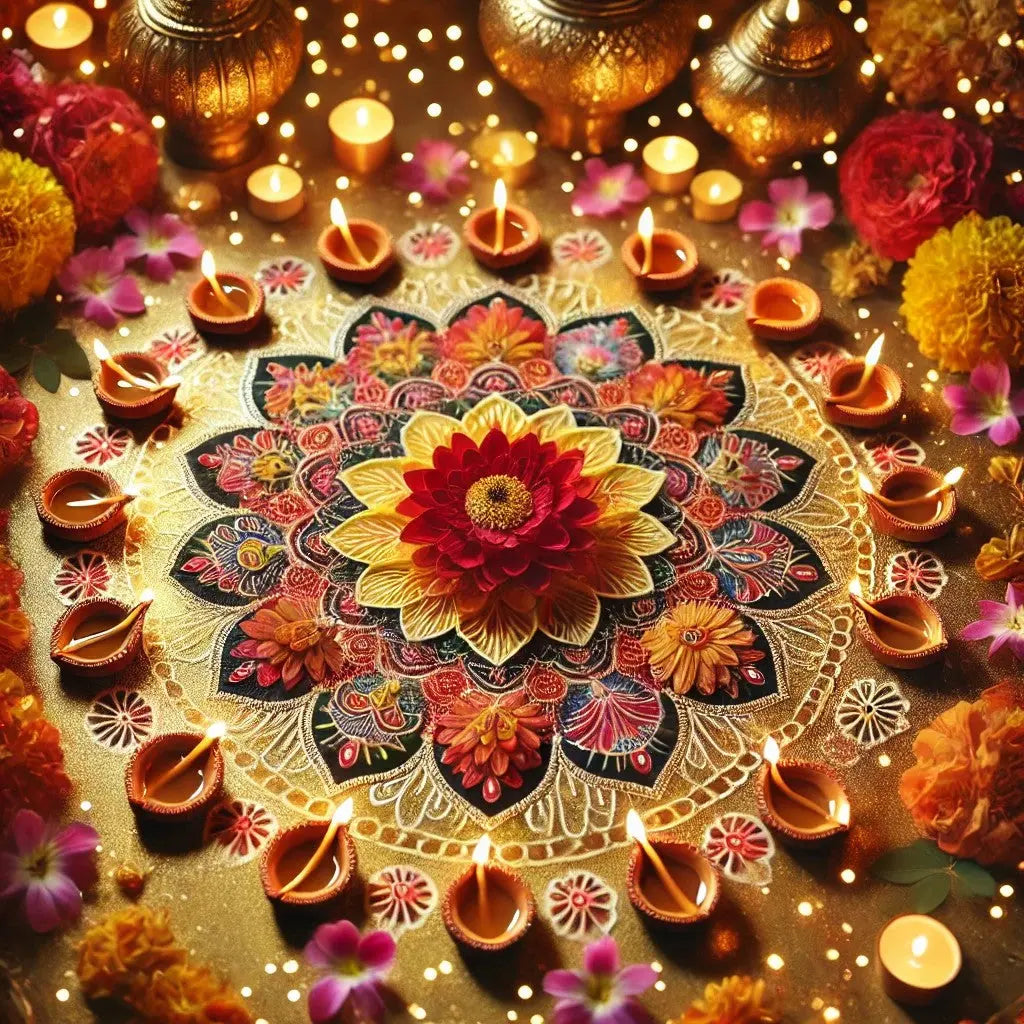 Farbenfrohes Rangoli mit Kerzen – traditionelles indisches Mandala zu Diwali