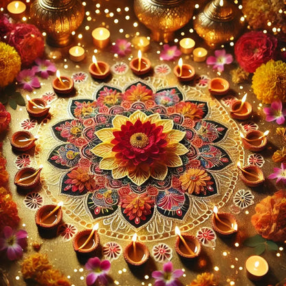 Farbenfrohes Rangoli mit Kerzen – traditionelles indisches Mandala zu Diwali