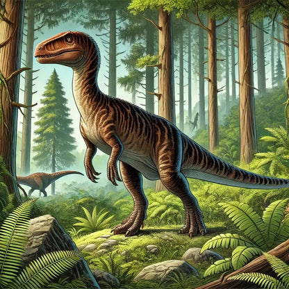 Raptorartiger Dino in realistisch gemaltem Wald