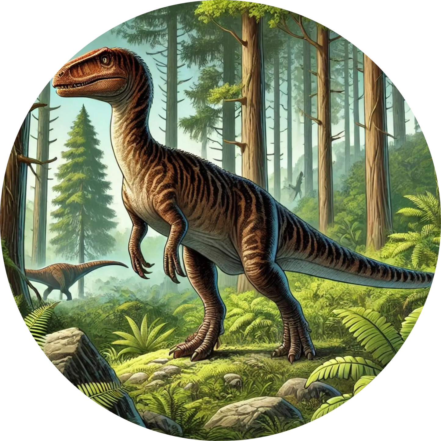 Dinosaurier mit schlankem Körperbau läuft durch einen Nadelwald – naturalistische Darstellung