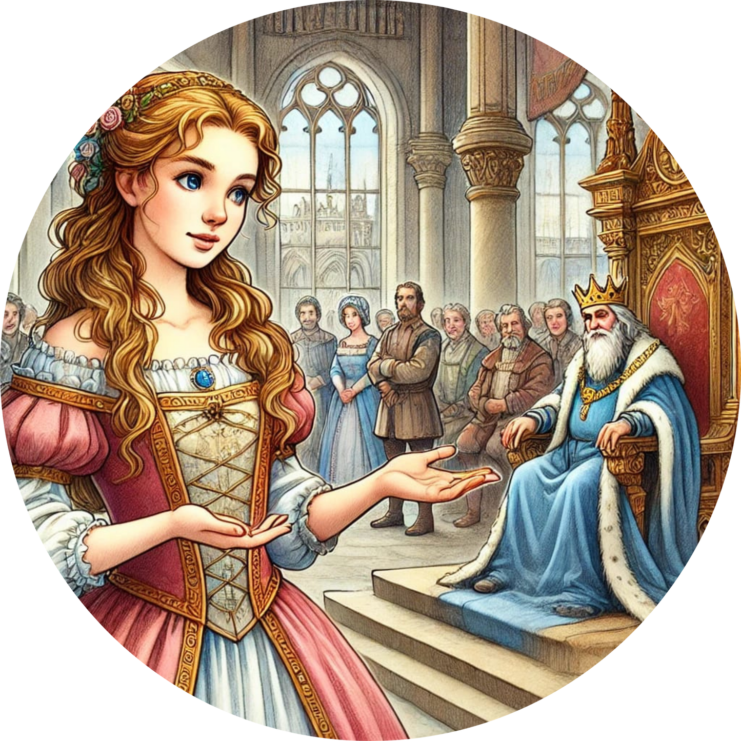 Rapunzel mit langen Haaren in einem Thronsaal vor Hofdamen