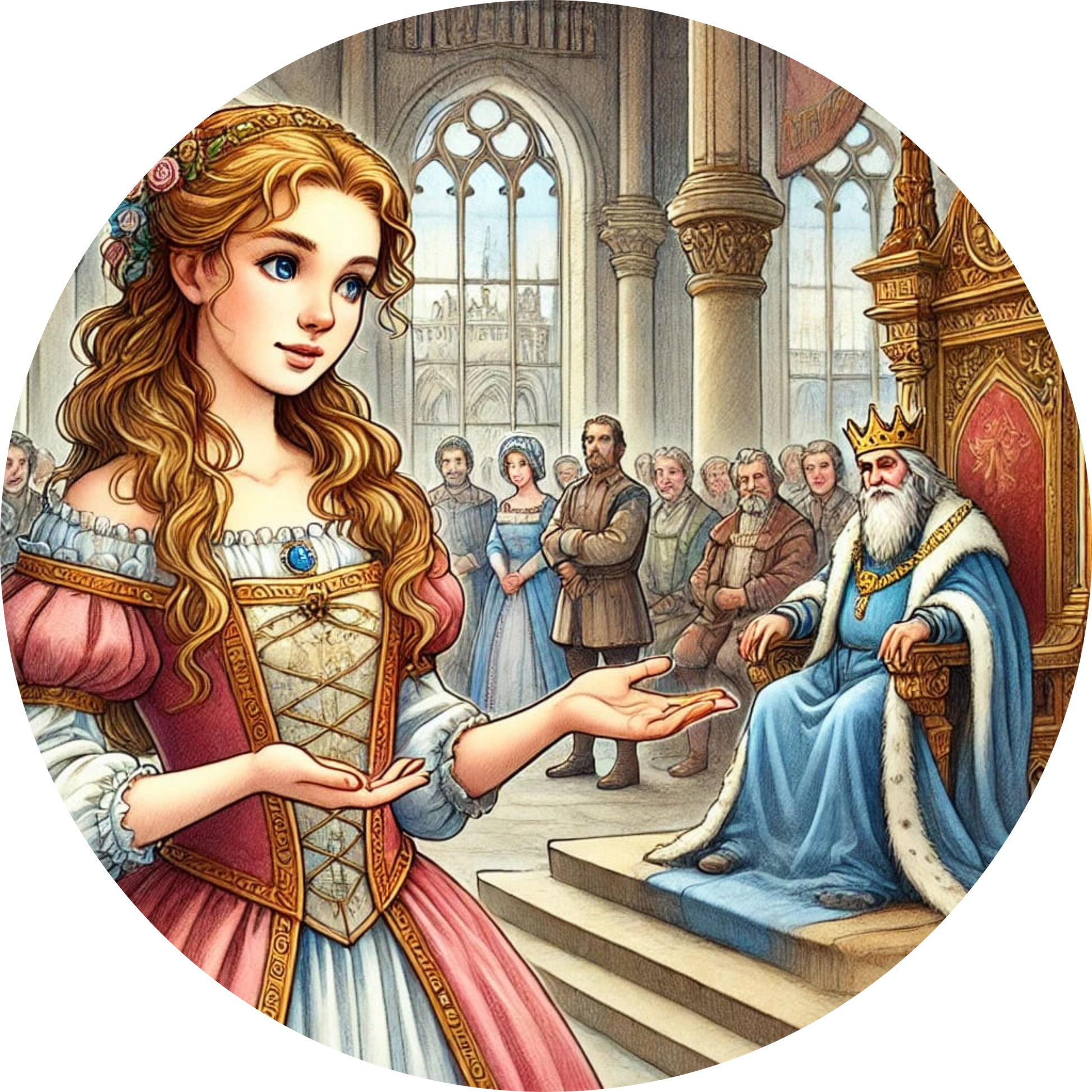 Rapunzel mit langen Haaren in einem Thronsaal vor Hofdamen