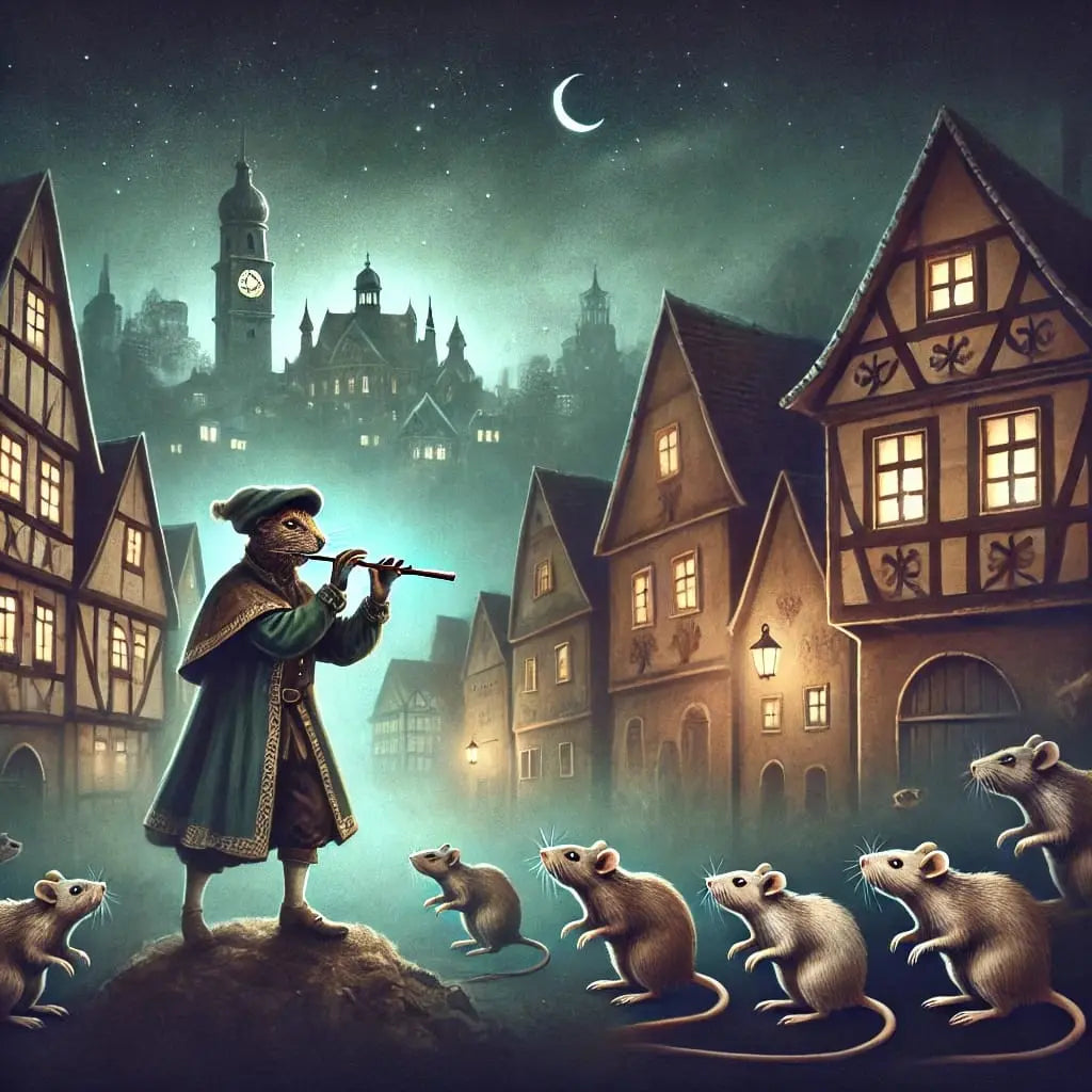 Der Rattenfänger spielt auf seiner Flöte, während er durch ein mittelalterliches Dorf schreitet. Schattenhafte Kinder folgen ihm.