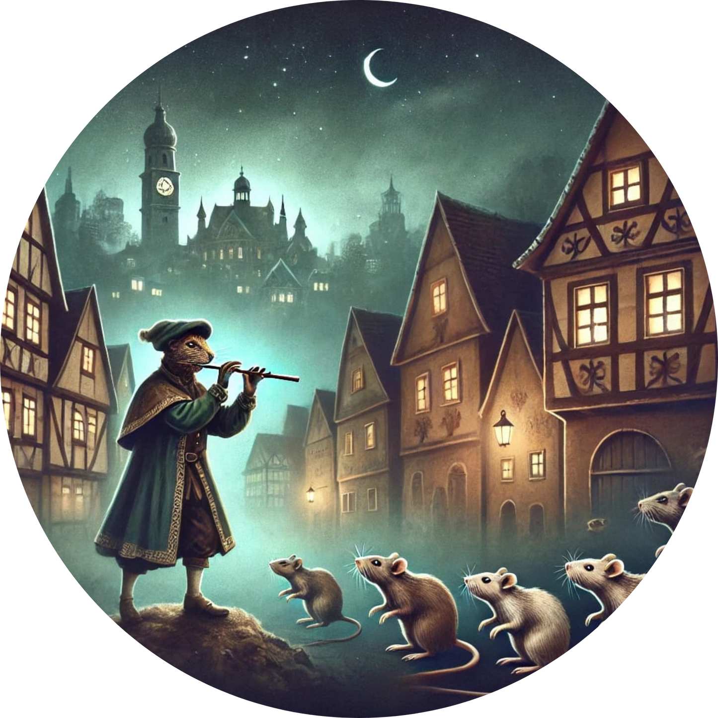 Eine verkleidete Ratte mit Flöte lockt andere Ratten an. Im Hintergrund eine historische, mittelalterliche Häuserkulisse.