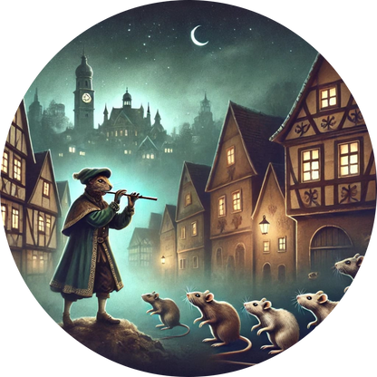 Eine verkleidete Ratte mit Flöte lockt andere Ratten an. Im Hintergrund eine historische, mittelalterliche Häuserkulisse.