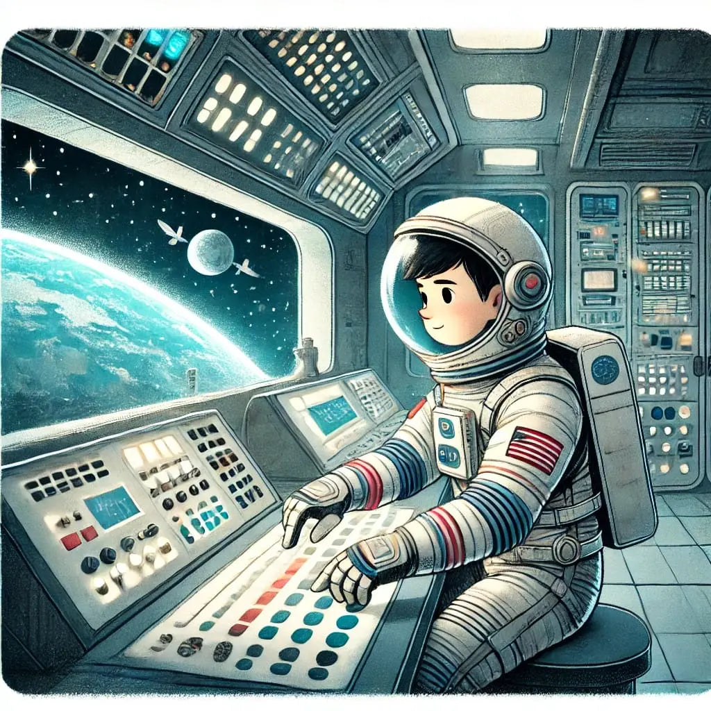 Raumfahrer in einem modernen Cockpit im Weltall