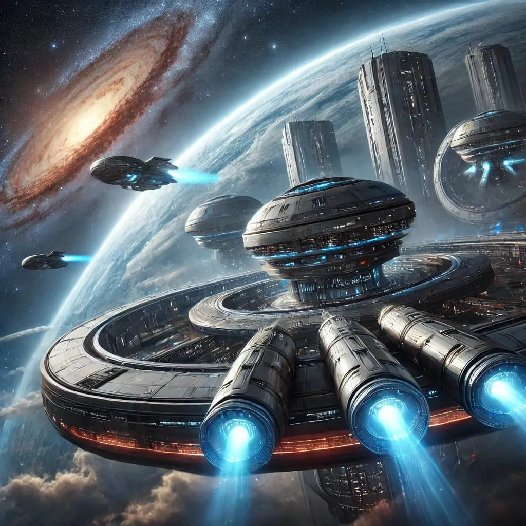 Düstere Raumstation mit blauen Triebwerken im Anflug.