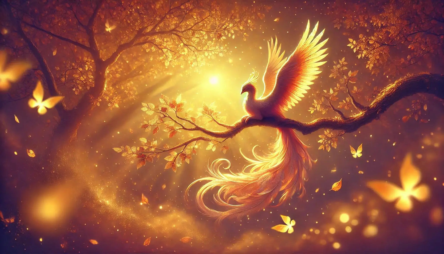 Goldener Phönix sitzt auf einem Ast. Gold-rotes Licht beleuchtet das Bild.