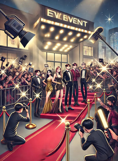 Red Carpet Event mit Blitzlichtgewitter:
Ein dramatischer Auftritt einer Idol-Gruppe auf dem roten Teppich vor Presse und Fans – Star-Appeal pur.