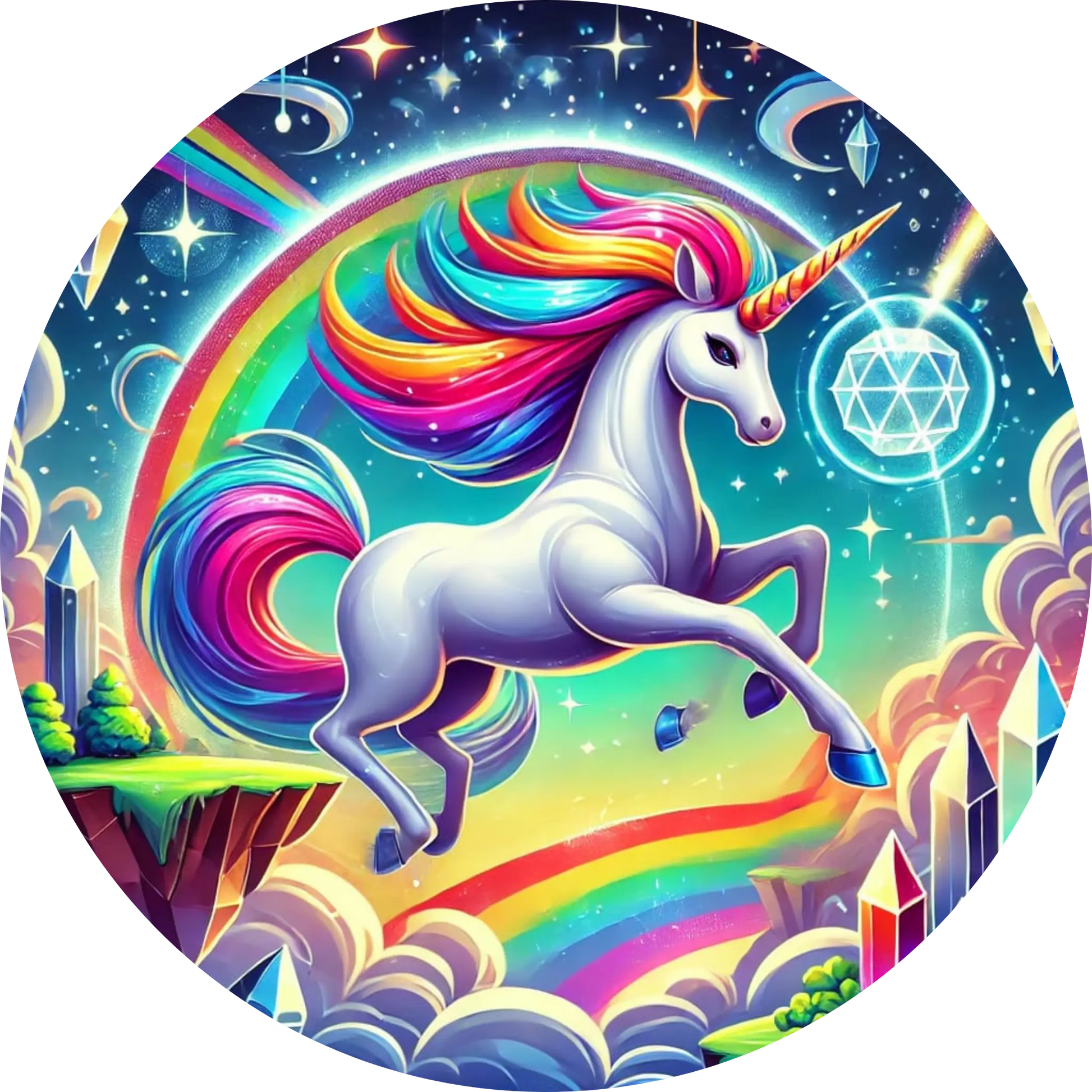 Glitzerndes Einhorn mit Regenbogenmähne vor galaktischem Hintergrund