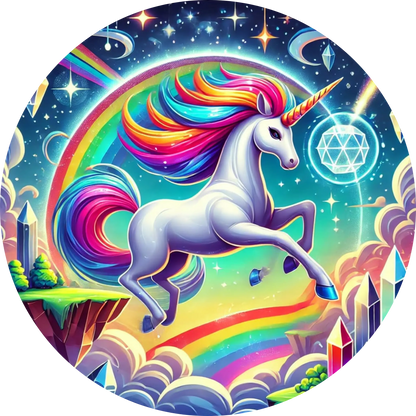 Glitzerndes Einhorn mit Regenbogenmähne vor galaktischem Hintergrund