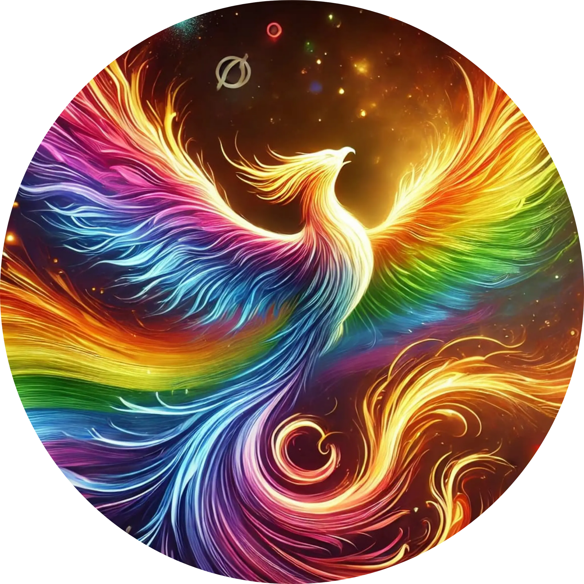 Farbintensiver Phönix mit Regenbogenschwanz auf dunklem Hintergrund.