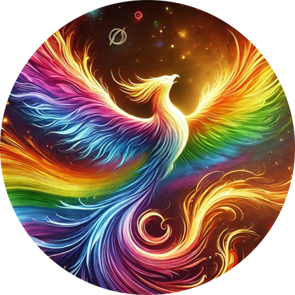 Farbintensiver Phönix mit Regenbogenschwanz auf dunklem Hintergrund.