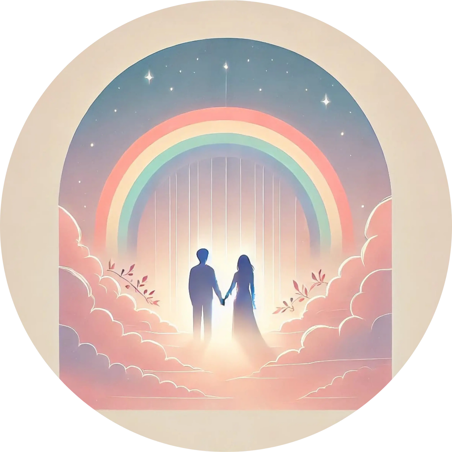 Zwei Personen unter großem Regenbogenbogen in pastellfarbener Landschaft.