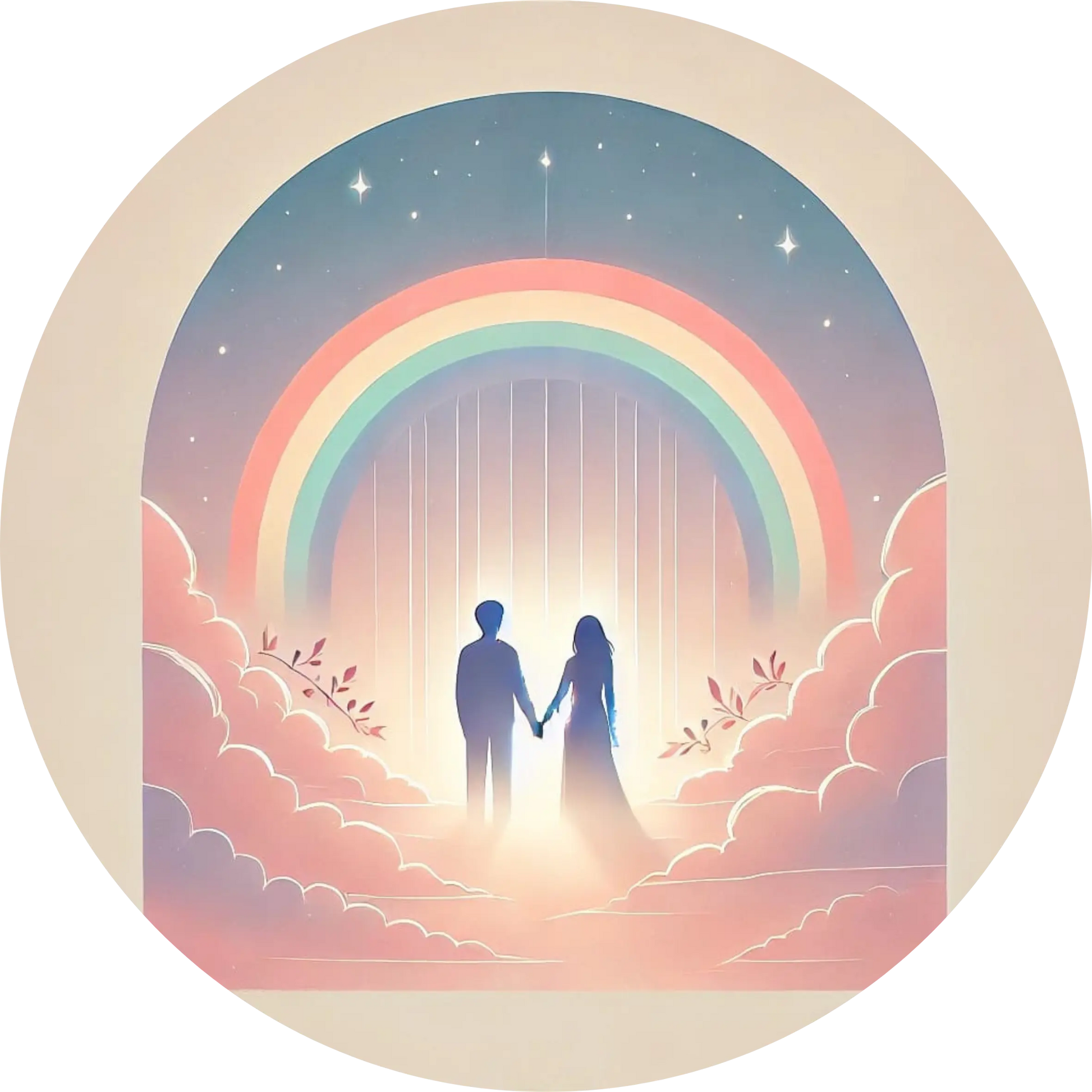 Zwei Personen unter großem Regenbogenbogen in pastellfarbener Landschaft.