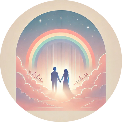 Zwei Personen unter großem Regenbogenbogen in pastellfarbener Landschaft.