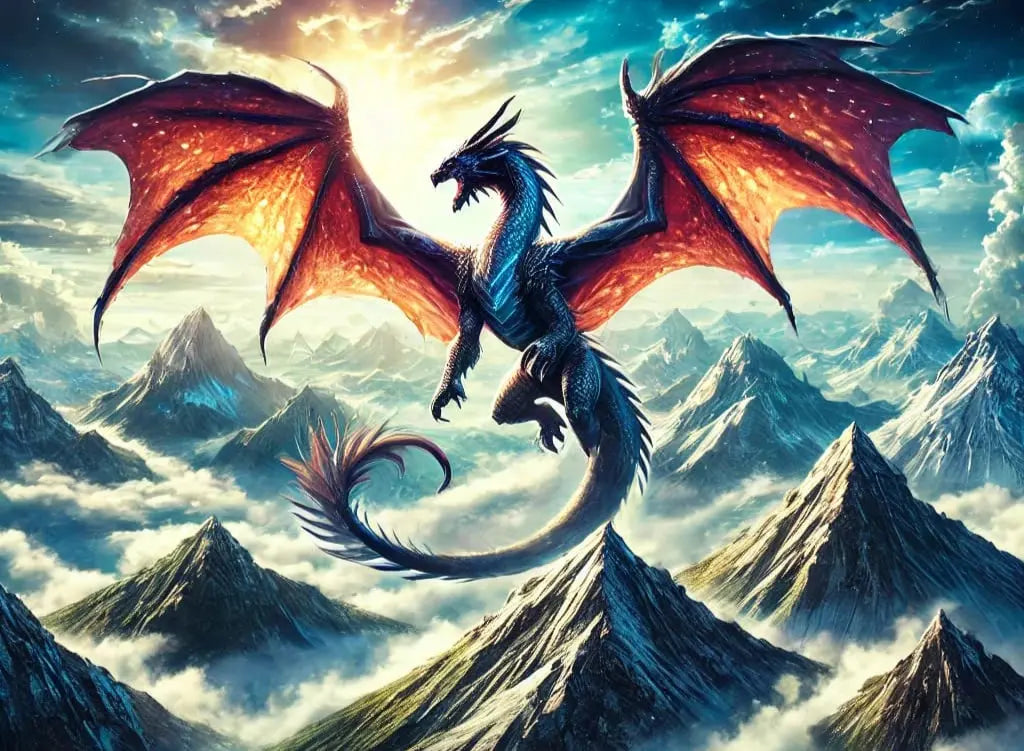 Bunter Drache mit Farbstreifen – Farbenprächtiger Drache mit regenbogenähnlichen Schuppen windet sich durch ein modernes, grafisch wirkendes Umfeld.