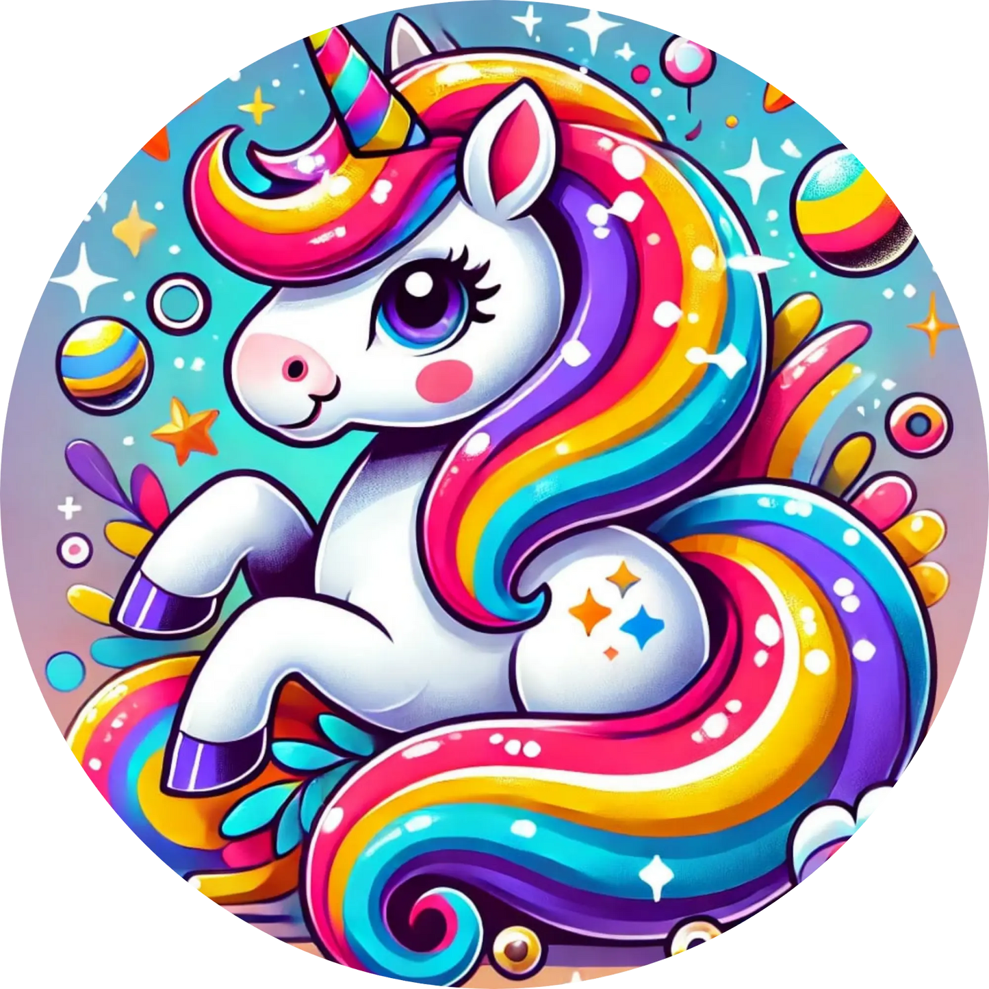 Buntes Regenbogen-Einhorn auf gepunktetem Hintergrund im Comic Stil