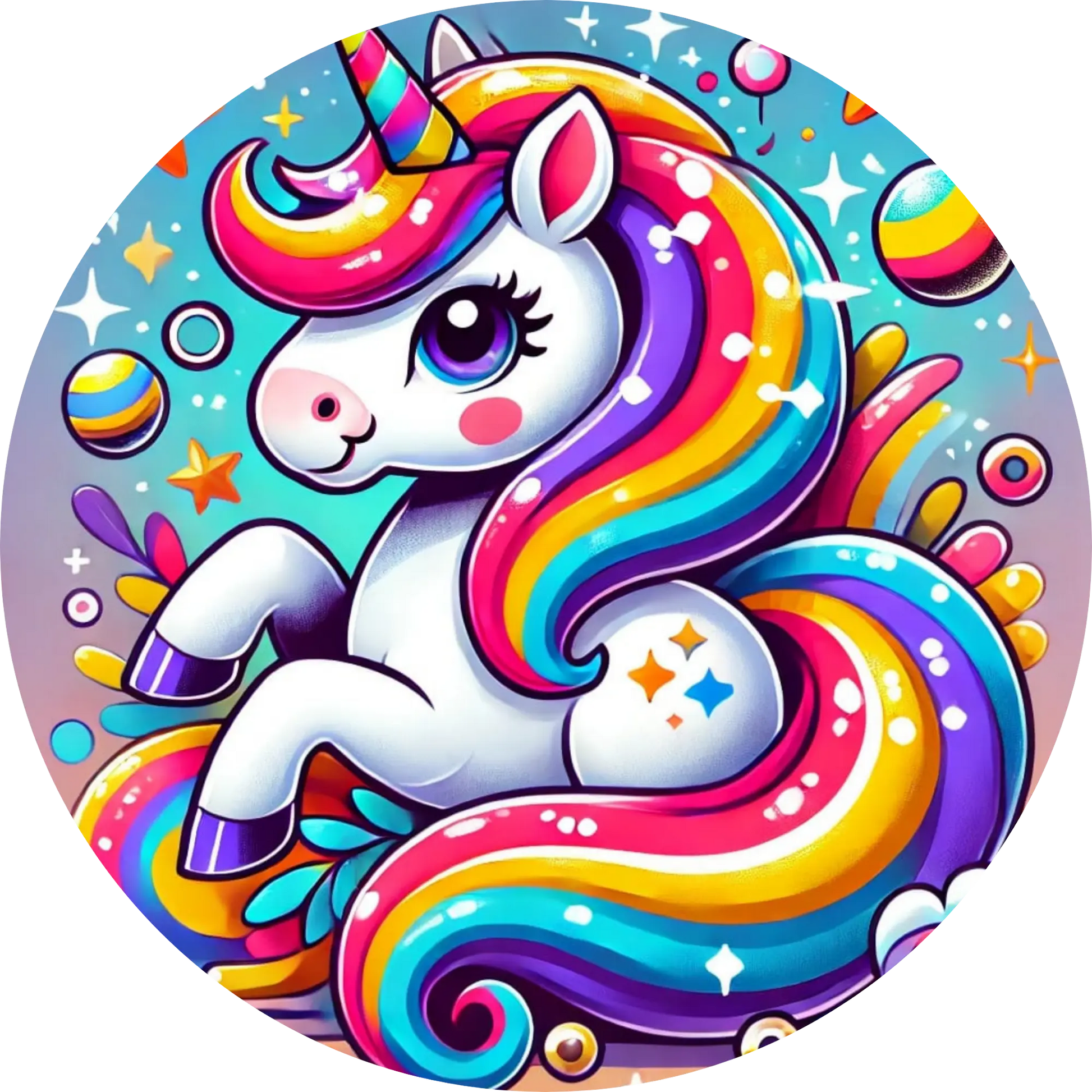 Buntes Regenbogen-Einhorn auf gepunktetem Hintergrund im Comic Stil