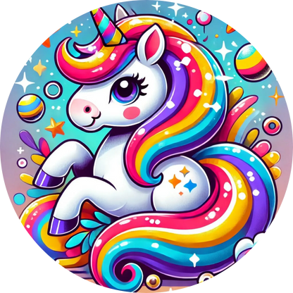 Buntes Regenbogen-Einhorn auf gepunktetem Hintergrund im Comic Stil