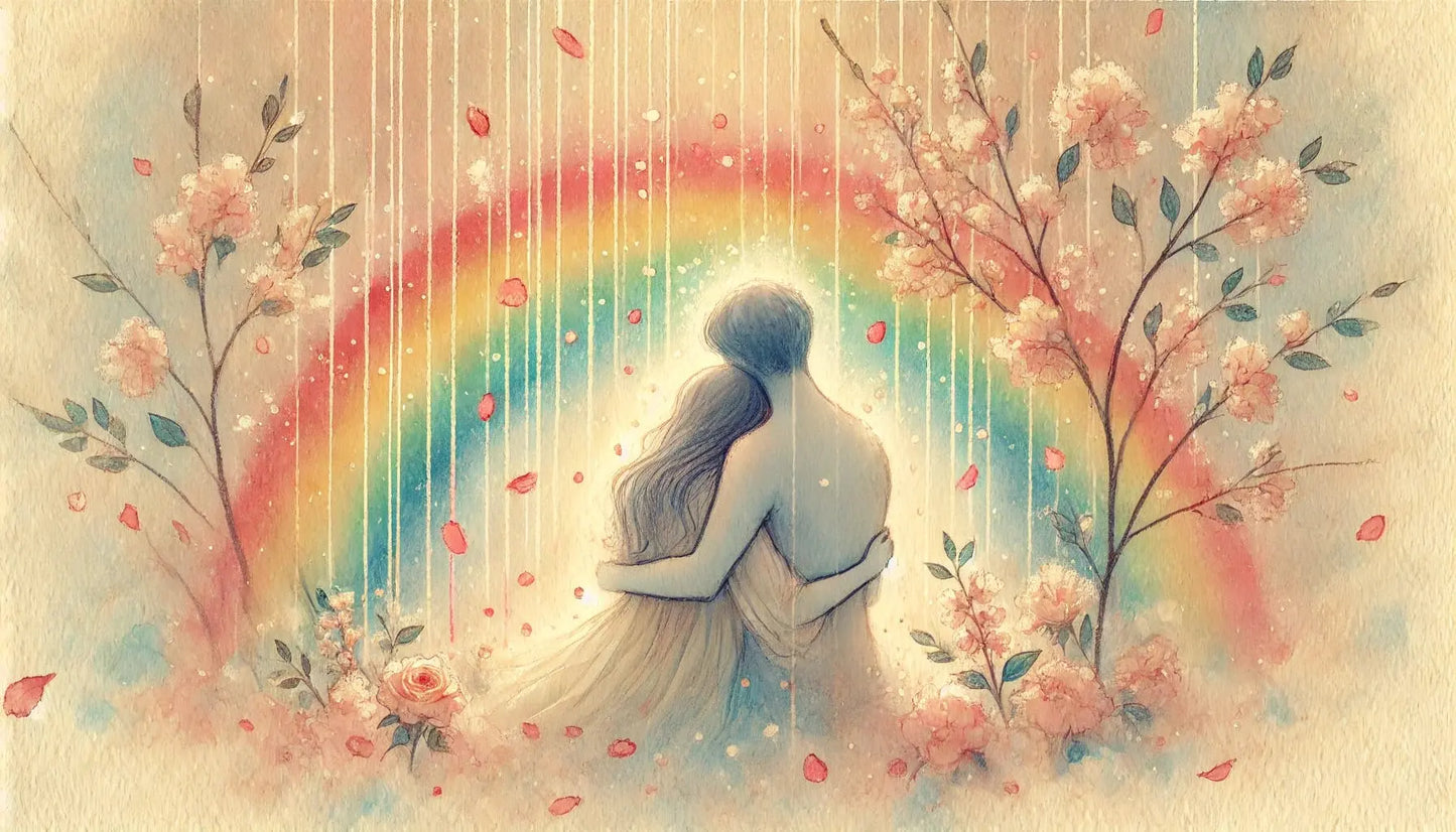 Paarvor Regenbogen mit weicher floraler Umgebung, Symbol für Geborgenheit, Selbstfindung und queeres Aufwachsen.