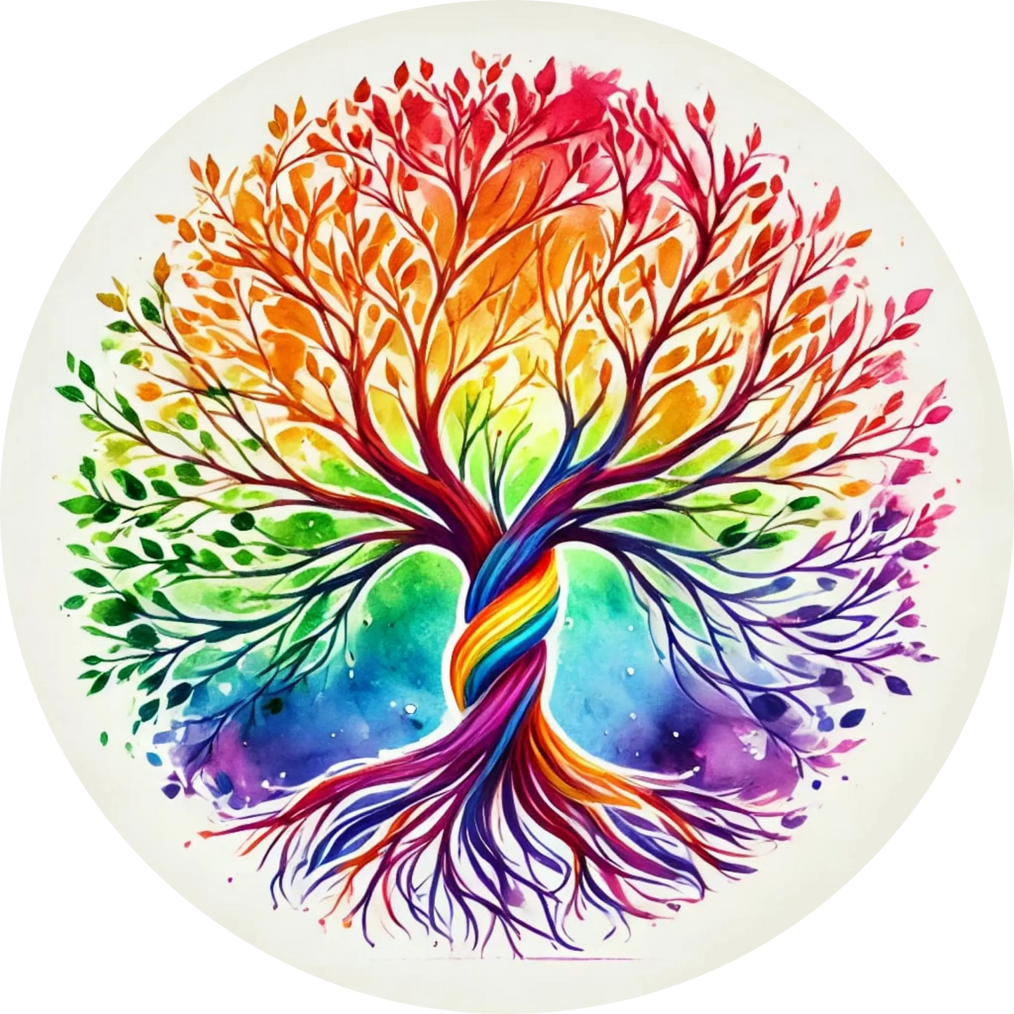 Regenbogenbaum mit farbenfrohen Ästen auf weißem Hintergrund.